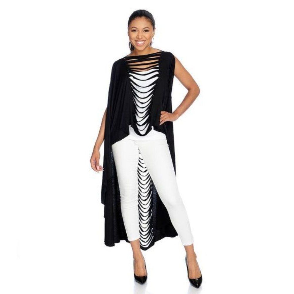 Black Stretch Knit Long Slit Detailed Convertible Shawl